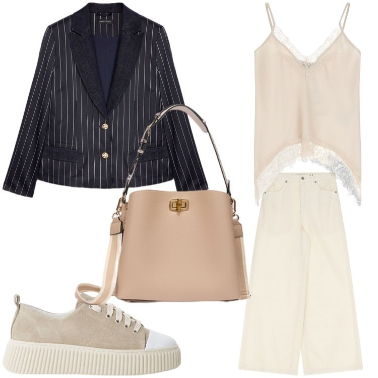 Outfit donna - In gessato. Stile Sporty chic per Ufficio. Abbinamento con sneakers, top, jeans, blazer, borse a secchiello.