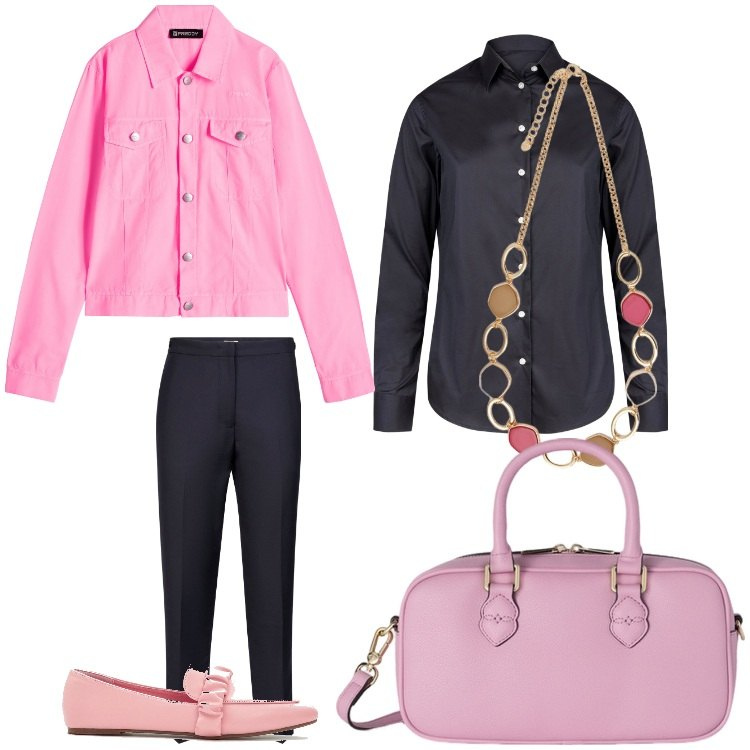 Outfit donna - Buongiorno primavera. Stile Casual chic per Ufficio. Abbinamento con mocassini, blazer, camicie, collane, pantaloni, borse a mano.