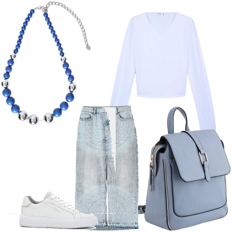Outfit donna - Semplice e carina. Stile Sporty chic per Scuola/Università. Abbinamento con sneakers, gonne lunghe, t-shirt, collane, zaini.