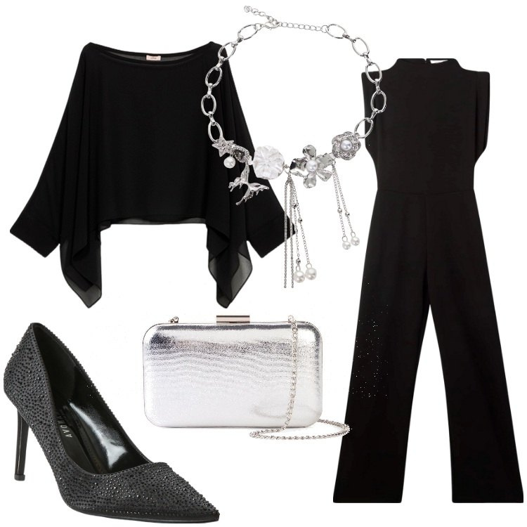Outfit donna - Cerimonia in jumpsuit. Stile Chic per Cerimonia. Abbinamento con pochette, tute, décolleté, collane, bolero.