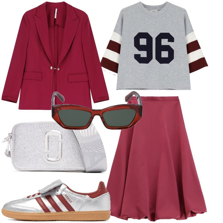 Outfit donna - Lo stile Athleisure. Stile Trendy per Ufficio. Abbinamento con gonne longuette, blazer, t-shirt sportive, occhiali da sole, borse a spalla, sneakers.