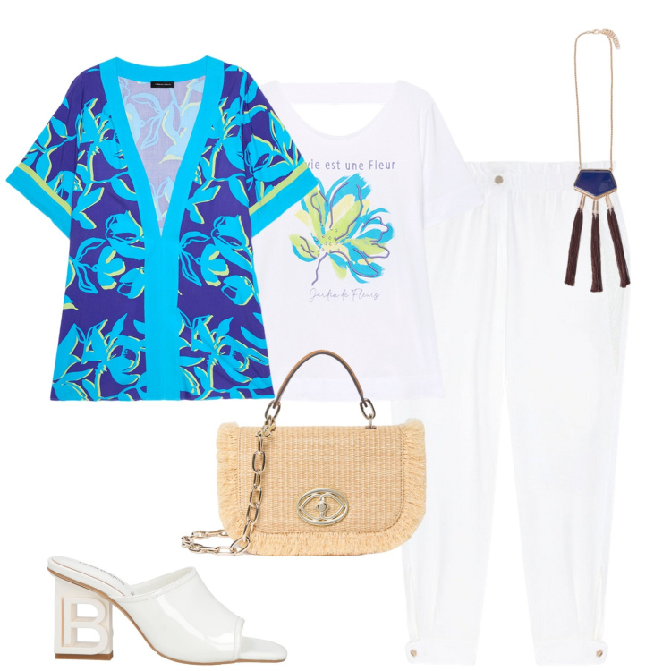 Outfit donna - City. Stile Urban per Tutti i giorni. Abbinamento con sandali in pelle, t-shirt, kimono, pantaloni, ciondoli, borse a tracolla.