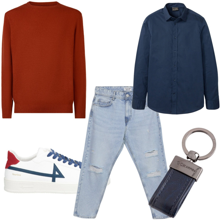 Outfit uomo - Pratico per la città. Stile Trendy per Tutti i giorni. Abbinamento con camicie, sneakers, jeans strappati, maglieria, portachiavi.