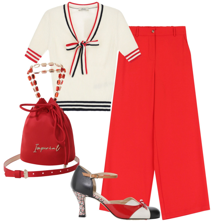 Outfit donna - City. Stile Urban per Tutti i giorni. Abbinamento con borse a secchiello, pantaloni a palazzo, décolleté, maglieria.