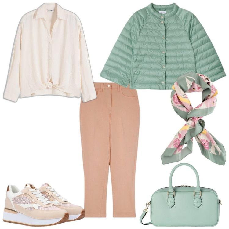 Outfit donna - Verde acqua e beige. Stile Trendy per Tutti i giorni. Abbinamento con bluse, cappe, sneakers, foulard, borse a mano, pantaloni.
