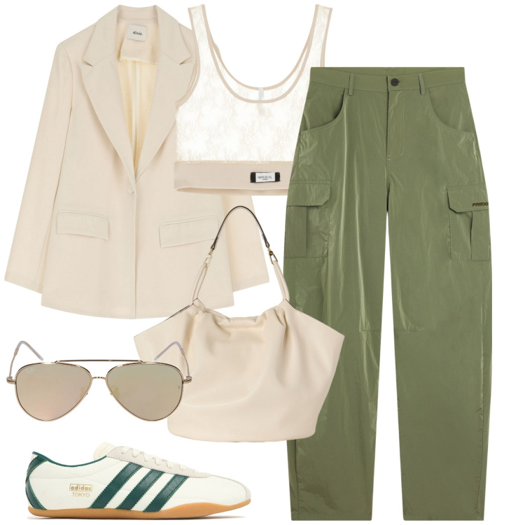 Outfit donna - Athleisure. Stile Sporty chic per Tutti i giorni. Abbinamento con pantaloni cargo, top, blazer, sneakers, occhiali da sole, borse a secchiello.