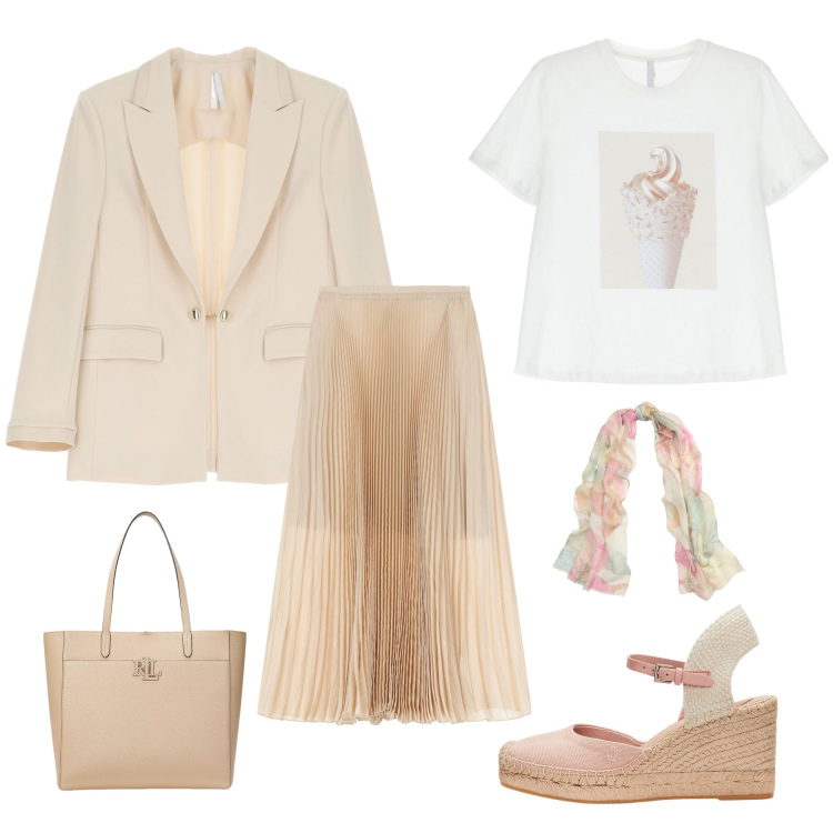 Outfit donna - Gelato chic. Stile Casual chic per Ufficio. Abbinamento con blazer, gonne lunghe, t-shirt, espadrillas, sciarpe, borse tote.