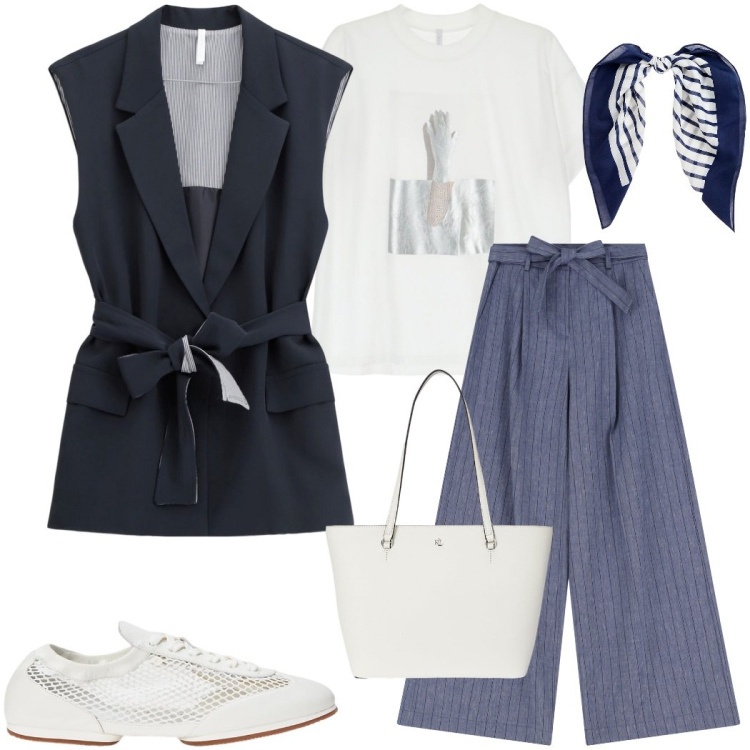 Outfit donna - Imperial SS 2025. Stile Casual chic per Ufficio. Abbinamento con gilet, pantaloni, t-shirt, foulard, borse tote, ballerine.