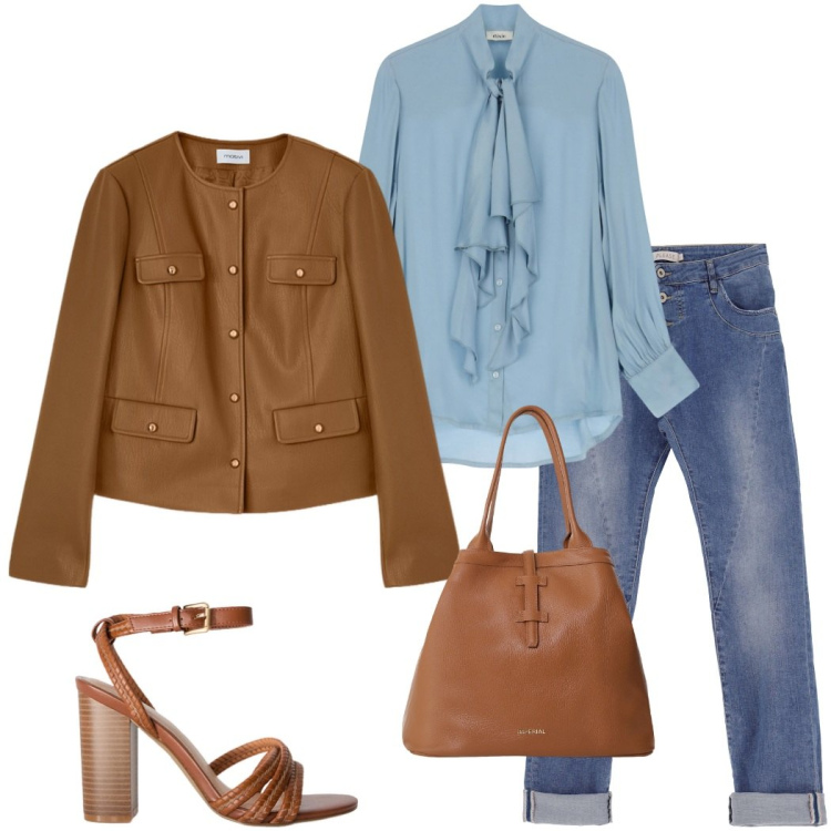 Outfit donna - Stile Athleisure. Stile Casual chic per Ufficio. Abbinamento con borse tote, jeans slim fit, bluse, blazer, sandali col tacco.