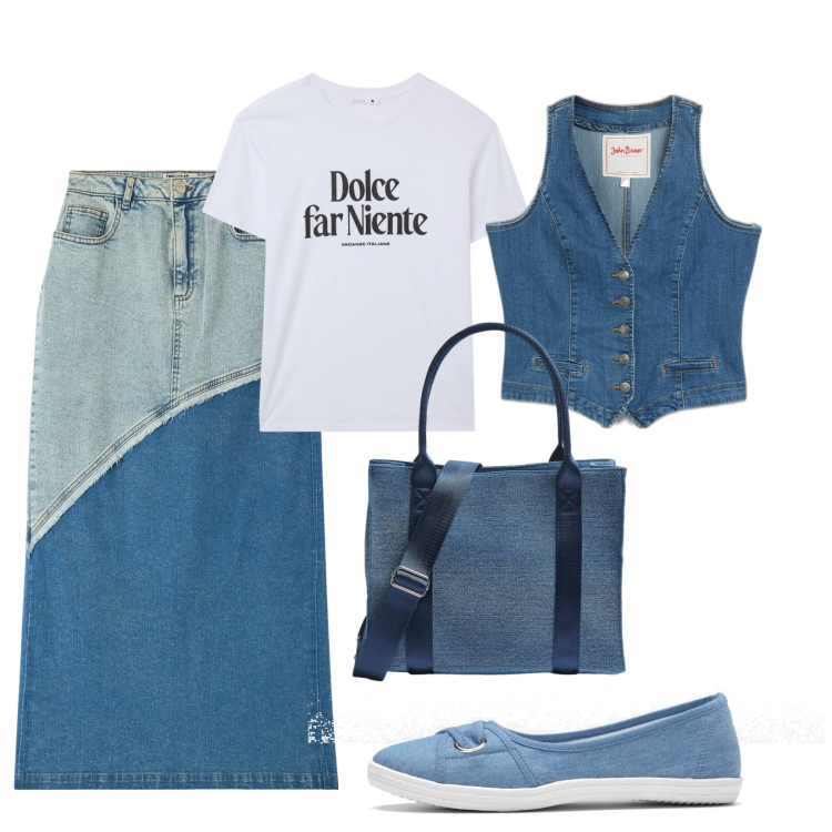 Outfit donna - Basic. Stile Basic per Tutti i giorni. Abbinamento con ballerine, gilet, gonne lunghe, t-shirt, shopping bag.