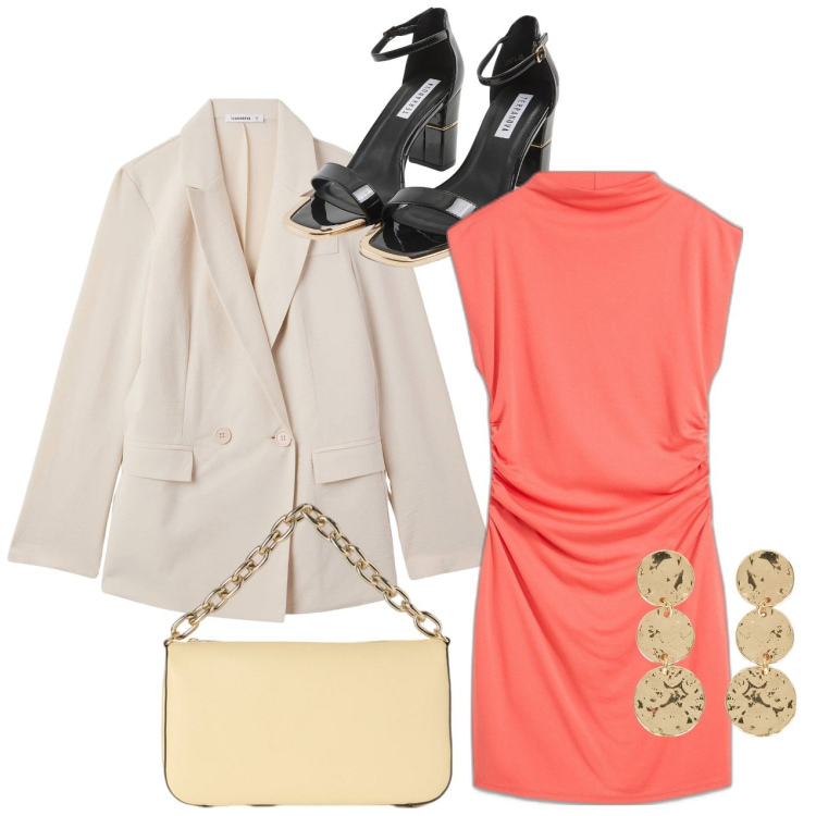 Outfit donna - Drappeggio. Stile Chic per Tutti i giorni. Abbinamento con vestiti corti, sabot, blazer, orecchini, borse a tracolla.