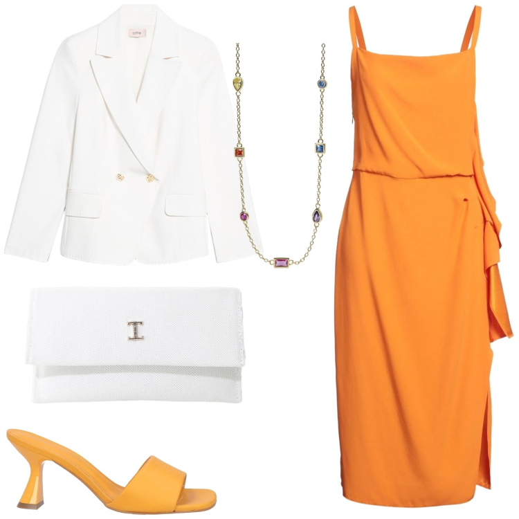 Outfit donna - Casual chic. Stile Casual chic per Cerimonia. Abbinamento con vestiti midi/longuette, sandali in pelle, collane, borse a tracolla, blazer.