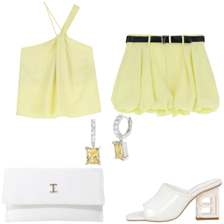 Outfit donna - Festa in spiaggia. Stile Casual chic per Mare. Abbinamento con sandali in pelle, orecchini, borse a tracolla, minigonne, top.