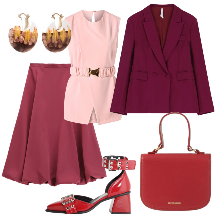 Outfit donna - Total look #2111411. Stile Casual chic per Ufficio. Abbinamento con borse a mano, orecchini, bluse, gonne longuette, blazer, décolleté.