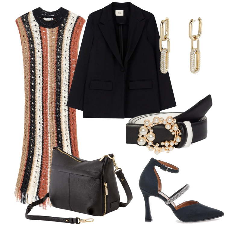 Outfit donna - Total look #2111420. Stile Casual chic per Ufficio. Abbinamento con orecchini, vestiti senza maniche, blazer, cinture, décolleté, borse a tracolla.