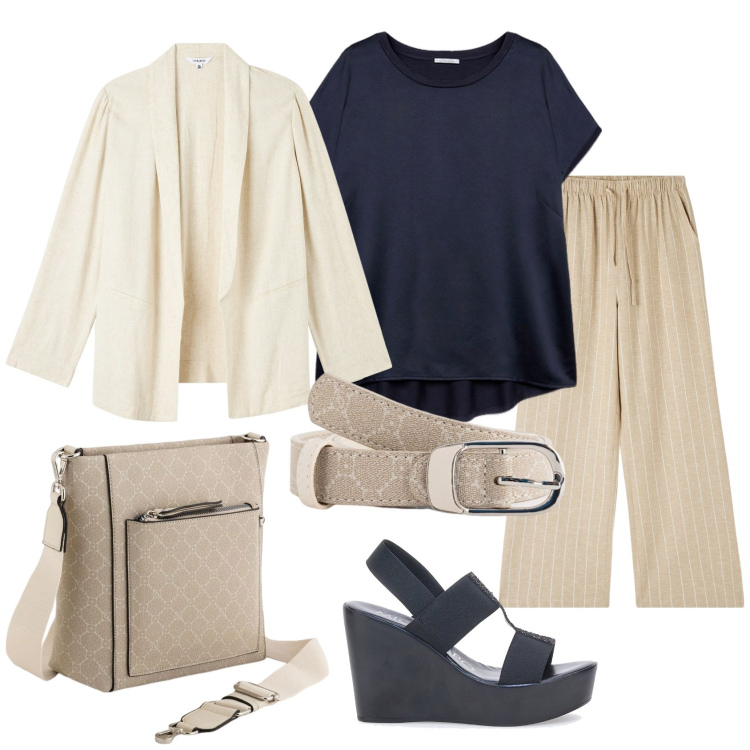 Outfit donna - Total look #2111426. Stile Casual chic per Ufficio. Abbinamento con blazer, pantaloni, cinture, bluse, borse a tracolla, sandali col tacco.