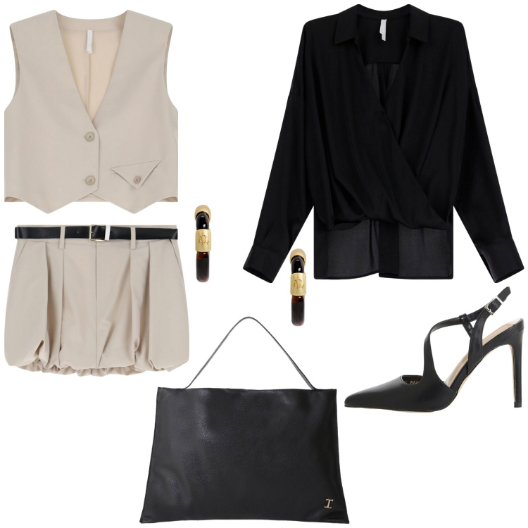 Outfit donna - Urban Edge SS2025 Imperial. Stile Glamour per Ufficio. Abbinamento con borse a spalla, décolleté, gilet, minigonne, bluse, orecchini.