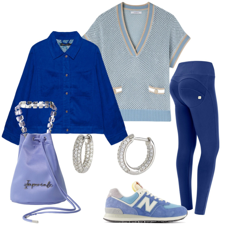 Outfit donna - Sabato in blu. Stile Casual chic per Tutti i giorni. Abbinamento con orecchini, sneakers, borse a secchiello, pantaloni skinny, blazer, maglieria.