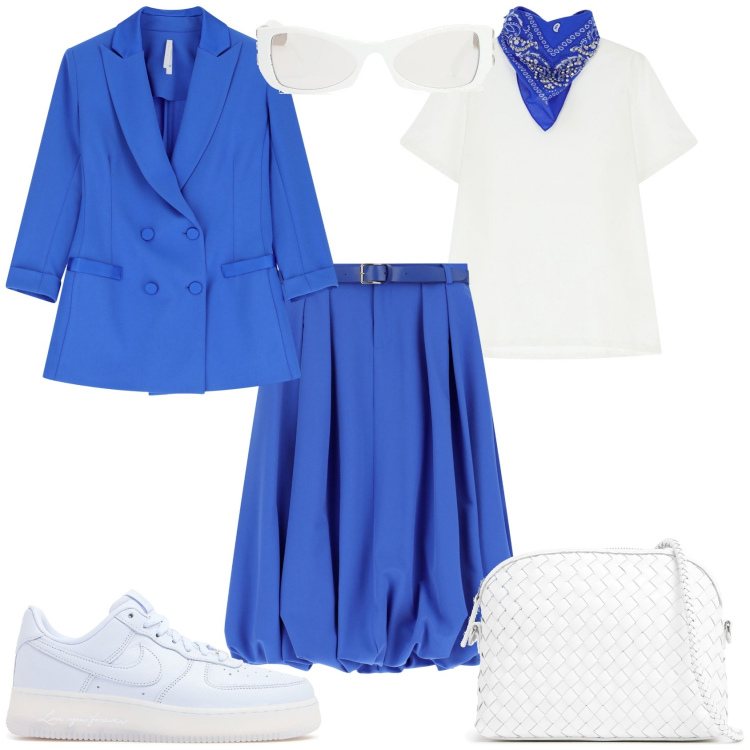 Outfit donna - Total look #2111431. Stile Trendy per Tutti i giorni. Abbinamento con blazer, gonne longuette, t-shirt, borse a spalla, sneakers, occhiali da sole.