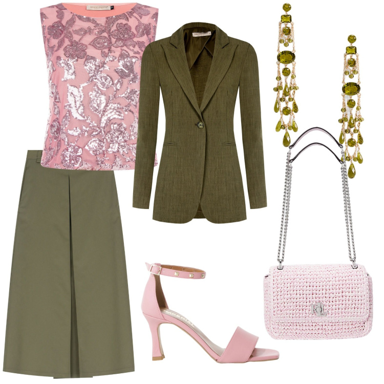 Outfit donna - Arcobaleno. Stile Trendy per Serata fuori. Abbinamento con gonne lunghe, sandali col tacco, top, blazer, orecchini, borse a spalla.