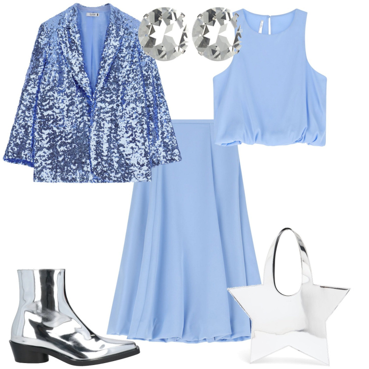 Outfit donna - Evento serata glamour. Stile Glamour per Serata fuori. Abbinamento con stivaletti texani, blazer, gonne longuette, top, borse a tracolla, orecchini.