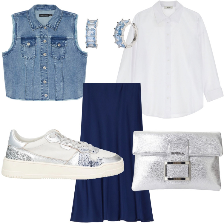 Outfit donna - Gilet pratico. Stile Minimal per Tutti i giorni. Abbinamento con sneakers, orecchini, gonne longuette, pochette, camicie, gilet.