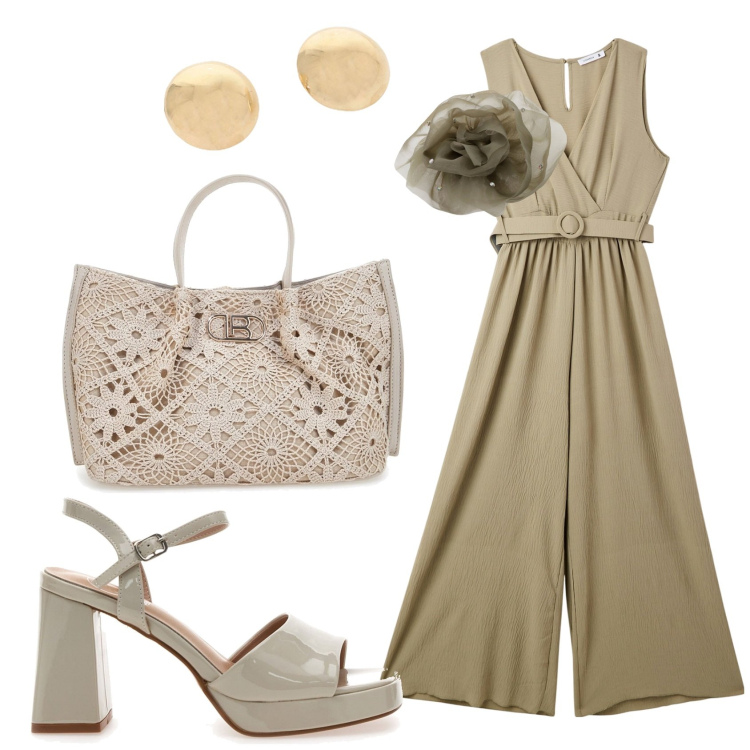 Outfit donna - La borsa macramé e una spilla a fiore. Stile Romantica per Tutti i giorni. Abbinamento con tute, orecchini, foulard, sandali col tacco, borse a tracolla.