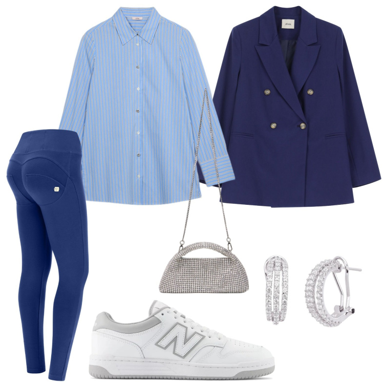 Outfit donna - Lo stile Athleisure. Stile Glamour per Tutti i giorni. Abbinamento con orecchini, sneakers, pantaloni skinny, blazer, clutch, camicie.