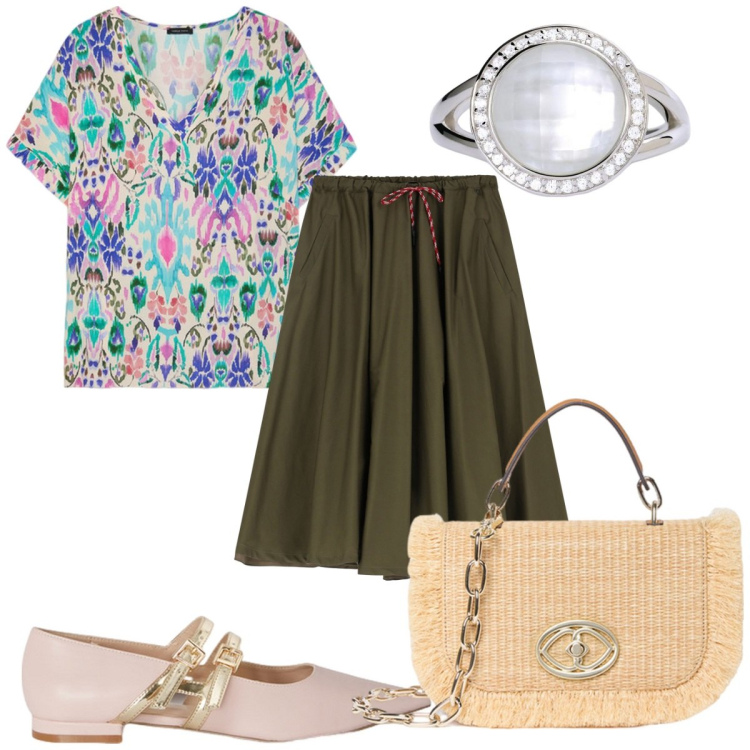 Outfit donna - Total look #2111457. Stile Trendy per Tutti i giorni. Abbinamento con anelli, gonne longuette, bluse, ballerine, borse a tracolla.