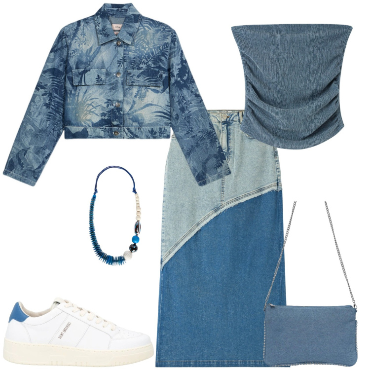 Outfit donna - Aperitivo serata. Stile Glamour per Serata fuori. Abbinamento con sneakers, gonne lunghe, borse a tracolla, top, blazer, collane.
