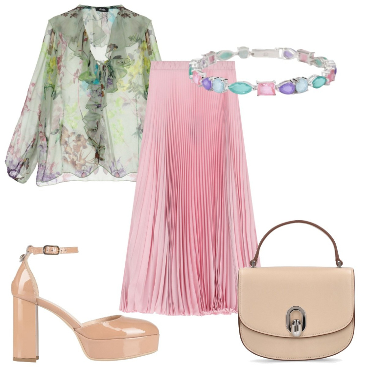 Outfit donna - Total look #2111472. Stile Boho per Cerimonia. Abbinamento con sandali in pelle, braccialetti, gonne lunghe, bluse, borse a mano.