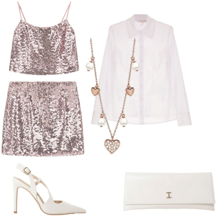Outfit donna - Un party speciale. Stile Glamour per Serata fuori. Abbinamento con camicie, top, minigonne, collane, pochette, décolleté.