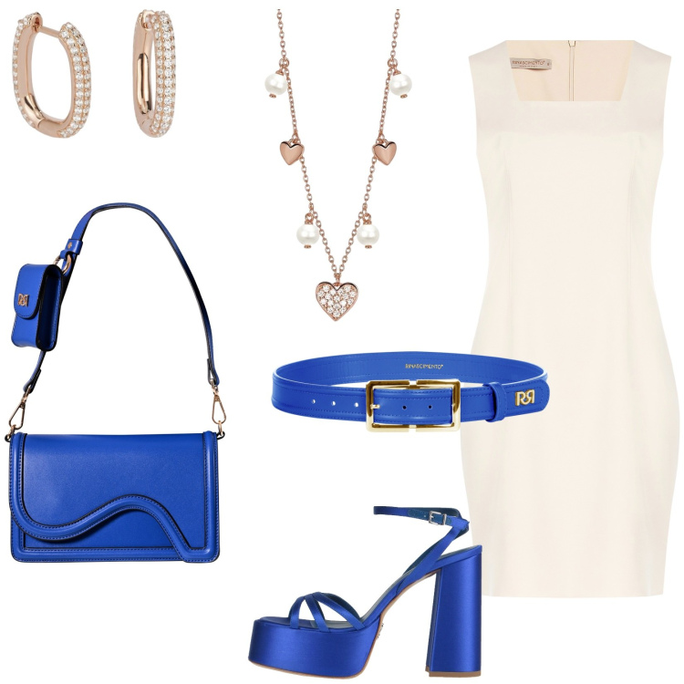 Outfit donna - Accessori bluette. Stile Chic per Serata fuori. Abbinamento con sandali in pelle, orecchini, collane, vestiti a tubino, pochette, cinture.