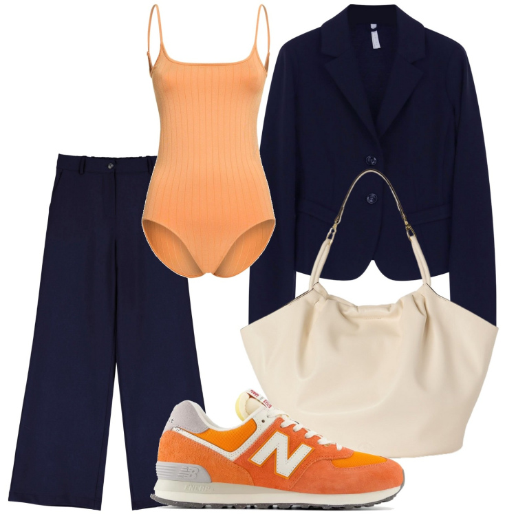 Outfit donna - Le sneakers di tendenza. Stile Casual per Ufficio. Abbinamento con sneakers, blazer, pantaloni a palazzo, borse a secchiello, top.