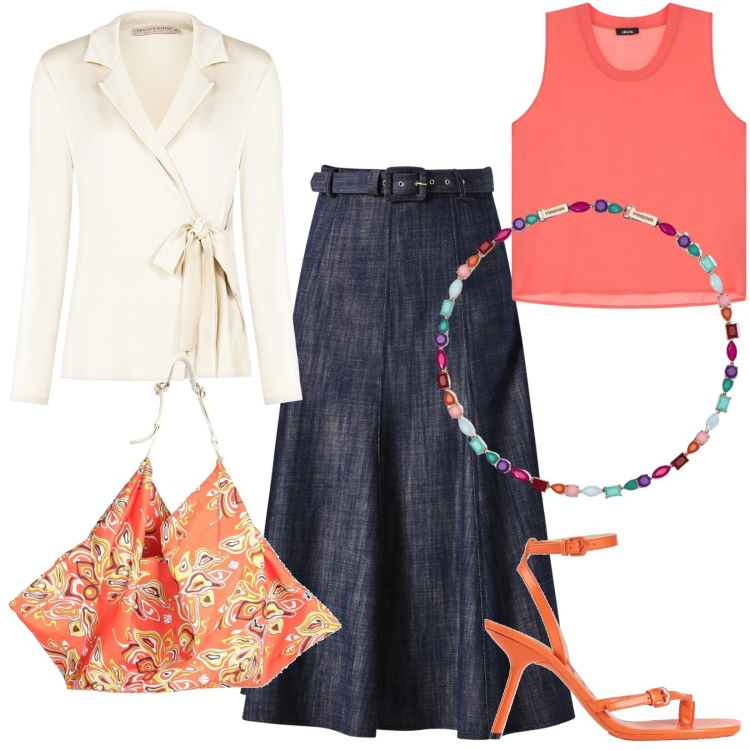 Outfit donna - Gonna a trapezio e top leggero. Stile Casual chic per Serata fuori. Abbinamento con borse a spalla, ciabatte, top, collane, gonne longuette, blazer.