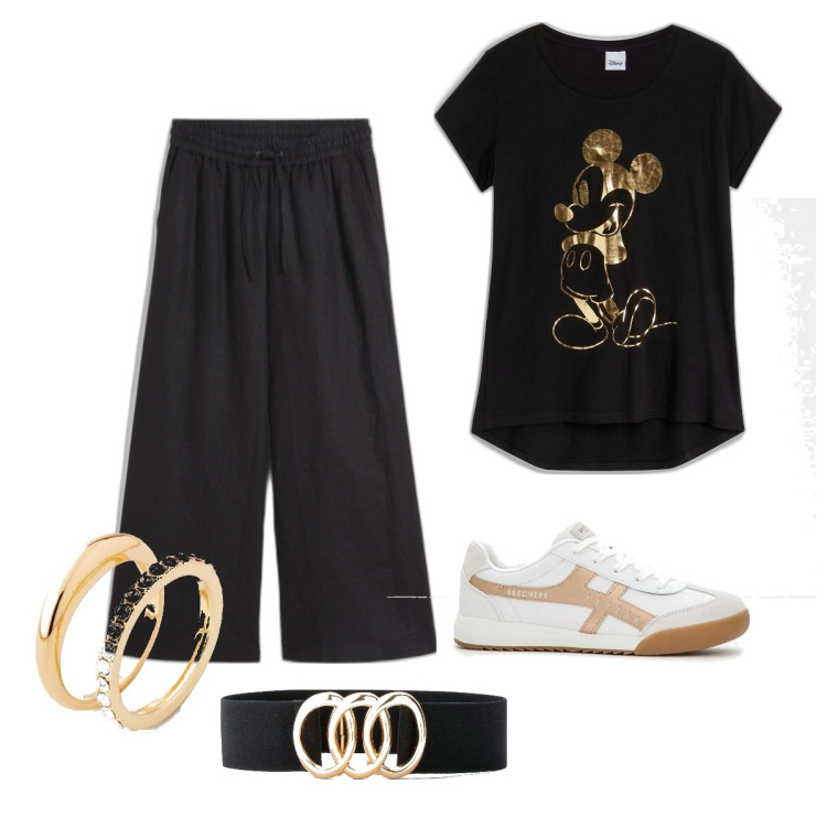 Outfit donna - Pantaloni neri. Stile Basic per Tutti i giorni. Abbinamento con cinture, t-shirt, pantaloni a palazzo, anelli, sneakers.