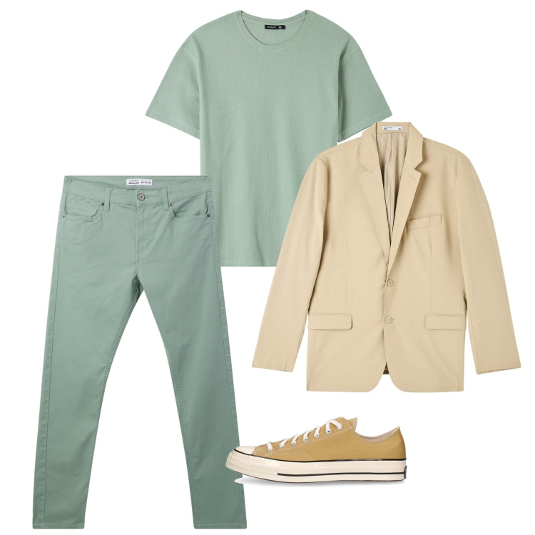 Outfit uomo - Acqua e sabbia. Stile Casual per Tutti i giorni. Abbinamento con t-shirt, giacche, pantaloni skinny, sneakers.
