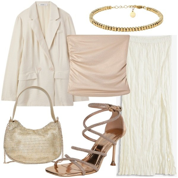 Outfit donna - Mid Season Sale. Stile Glamour per Cerimonia. Abbinamento con gonne lunghe, blazer, sandali col tacco, top, borse a spalla, braccialetti.