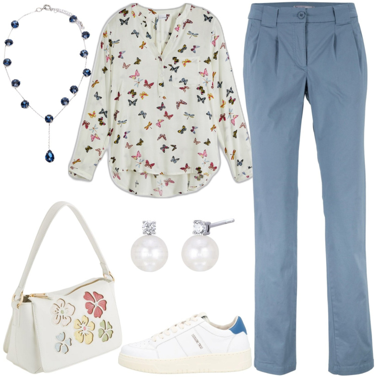 Outfit donna - Fiori e farfalle. Stile Casual per Tutti i giorni. Abbinamento con bluse, pantaloni chino, sneakers, orecchini, borse a tracolla, collane.