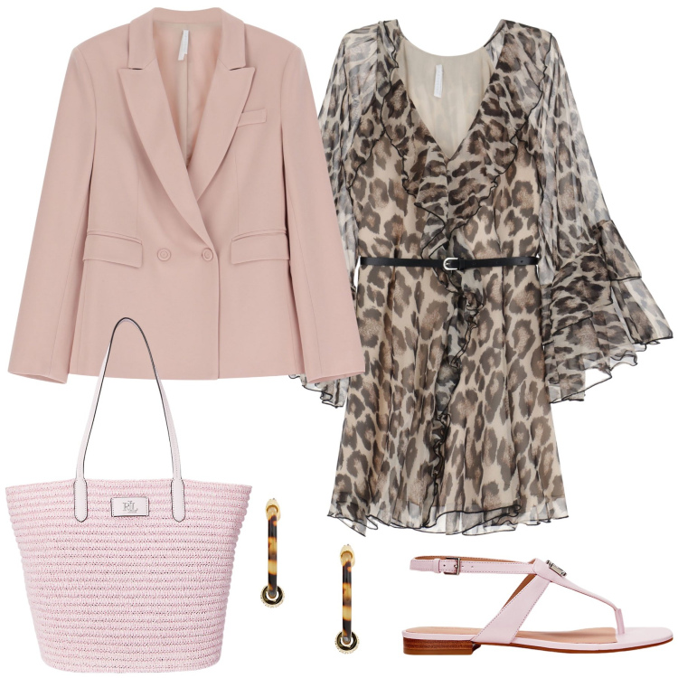 Outfit donna - Animalier e rosa. Stile Casual chic per Ufficio. look ideale per Tall. Abbinamento con vestiti corti, blazer, orecchini, sandali in pelle, borse tote.