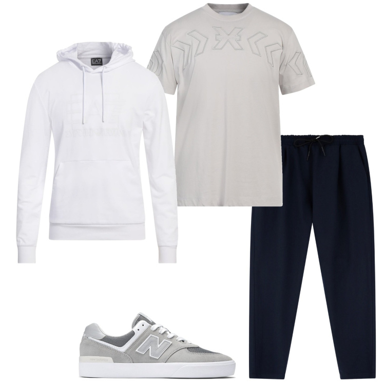 Outfit uomo - Dinamico. Stile Casual per Tutti i giorni. Abbinamento con t-shirt, felpe con cappuccio, sneakers, pantaloni.