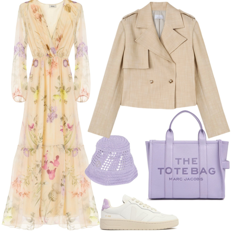 Outfit donna - Un vestito provenzale. Stile Sporty chic per Tutti i giorni. Abbinamento con cappelli, vestiti lunghi, borse tote, sneakers, blazer.