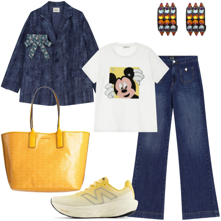 Outfit donna - Shopping bag gialla. Stile Casual per Tutti i giorni. Abbinamento con orecchini, borse a mano, sneakers, jeans a zampa, t-shirt, blazer.