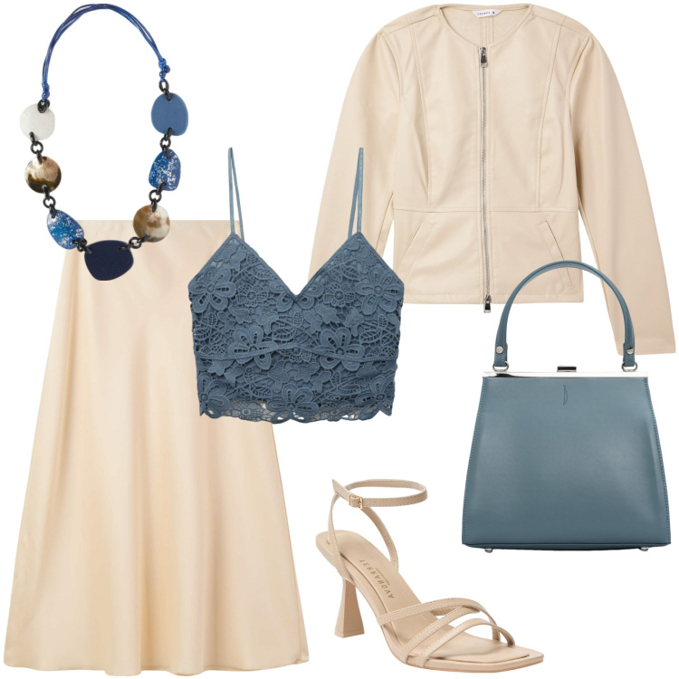 Outfit donna - Gonna a trapezio e top leggero. Stile Chic per Tutti i giorni. Abbinamento con gonne lunghe, blazer, top, sandali col tacco, clutch, collane.
