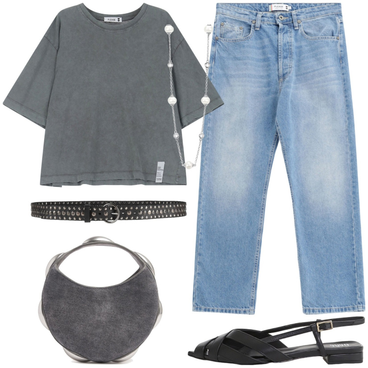 Outfit donna - Pre serata. Stile Casual chic per Tutti i giorni. Abbinamento con cinture, collane, jeans, t-shirt, sandali, borse a mano.