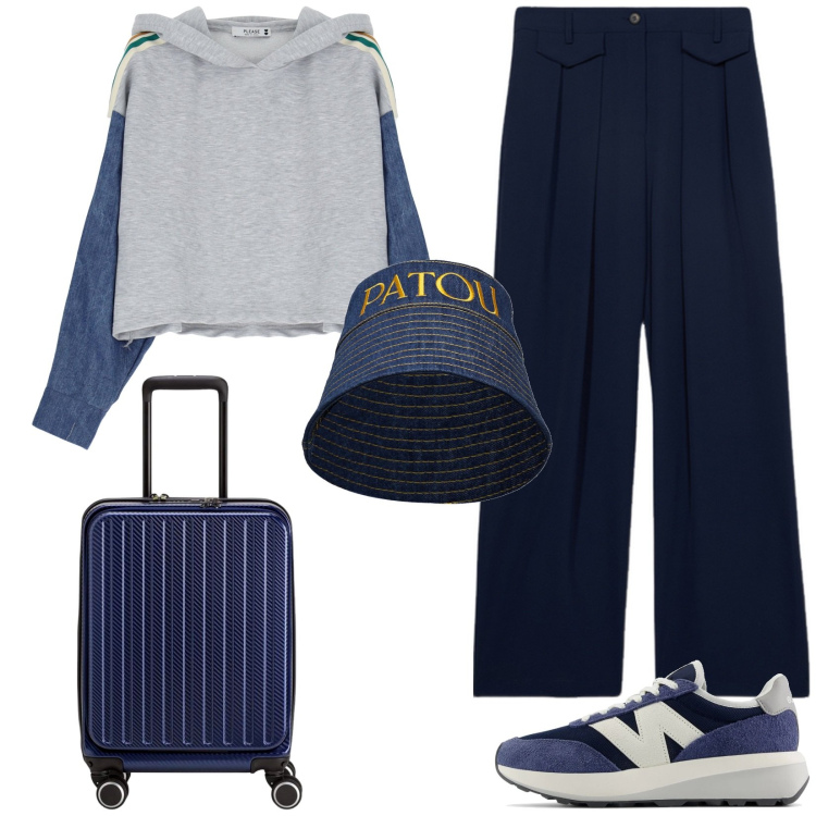 Outfit donna - In viaggio per Pasqua. Stile Casual per Tutti i giorni. Abbinamento con sneakers, felpe con cappuccio, cappelli, pantaloni a palazzo, valigie.