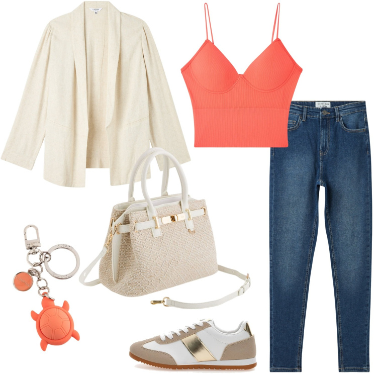 Outfit donna - Mix & match. Stile Casual per Tutti i giorni. Abbinamento con blazer, top, jeans skinny, sneakers, portachiavi, borse a mano.