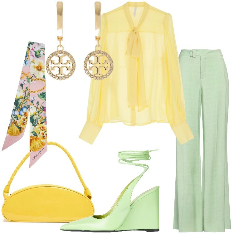 Outfit donna - Tonalità sorbetto. Stile Chic per Serata fuori. Abbinamento con décolleté, pantaloni, camicie, orecchini, foulard, borse a spalla.