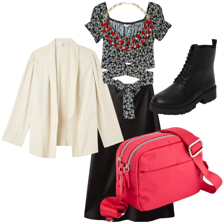 Outfit donna - Gonne a trapezio e bluse leggere. Stile Glamour per Tutti i giorni. Abbinamento con bluse, blazer, gonne lunghe, anfibi, collane, borse a tracolla.