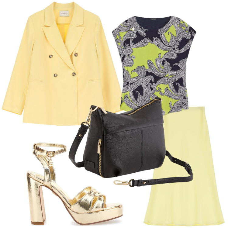 Outfit donna - Gonne a trapezio e bluse leggere. Stile Glamour per Serata fuori. Abbinamento con gonne longuette, blazer, bluse, sandali col tacco, borse a tracolla.